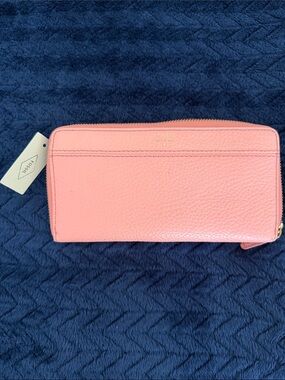 Fossil Coral Pink Pebbled Leather Zip-Around Wallet